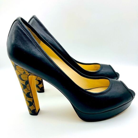 Coach Breana Black Leather Monogram Platform High Heels 9,5B - Picture 4 of 12